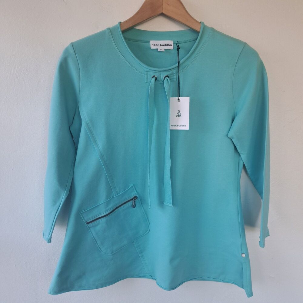 NEW NEON BUDDHA XS Jazz Tunic Blouse Teal Ocean Blue 3/4 Sleeve Lagenlook Shirt